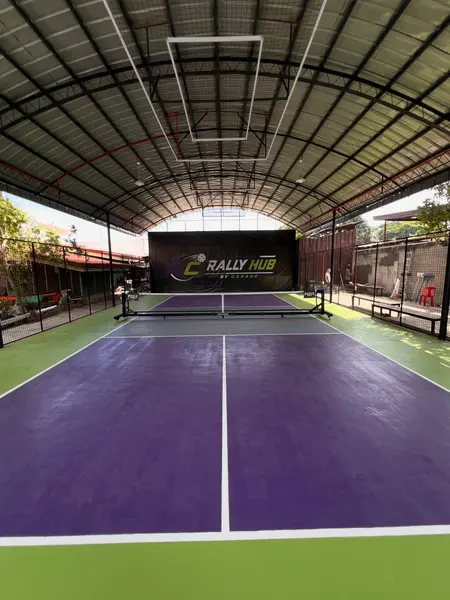 Empty pickleball court set up with net, viewed from the baseline