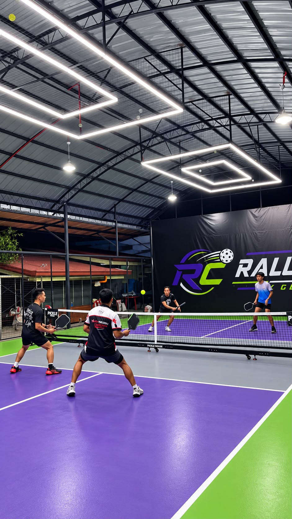 A man and woman posing together with pickleball paddles on the RC Rally Hub court