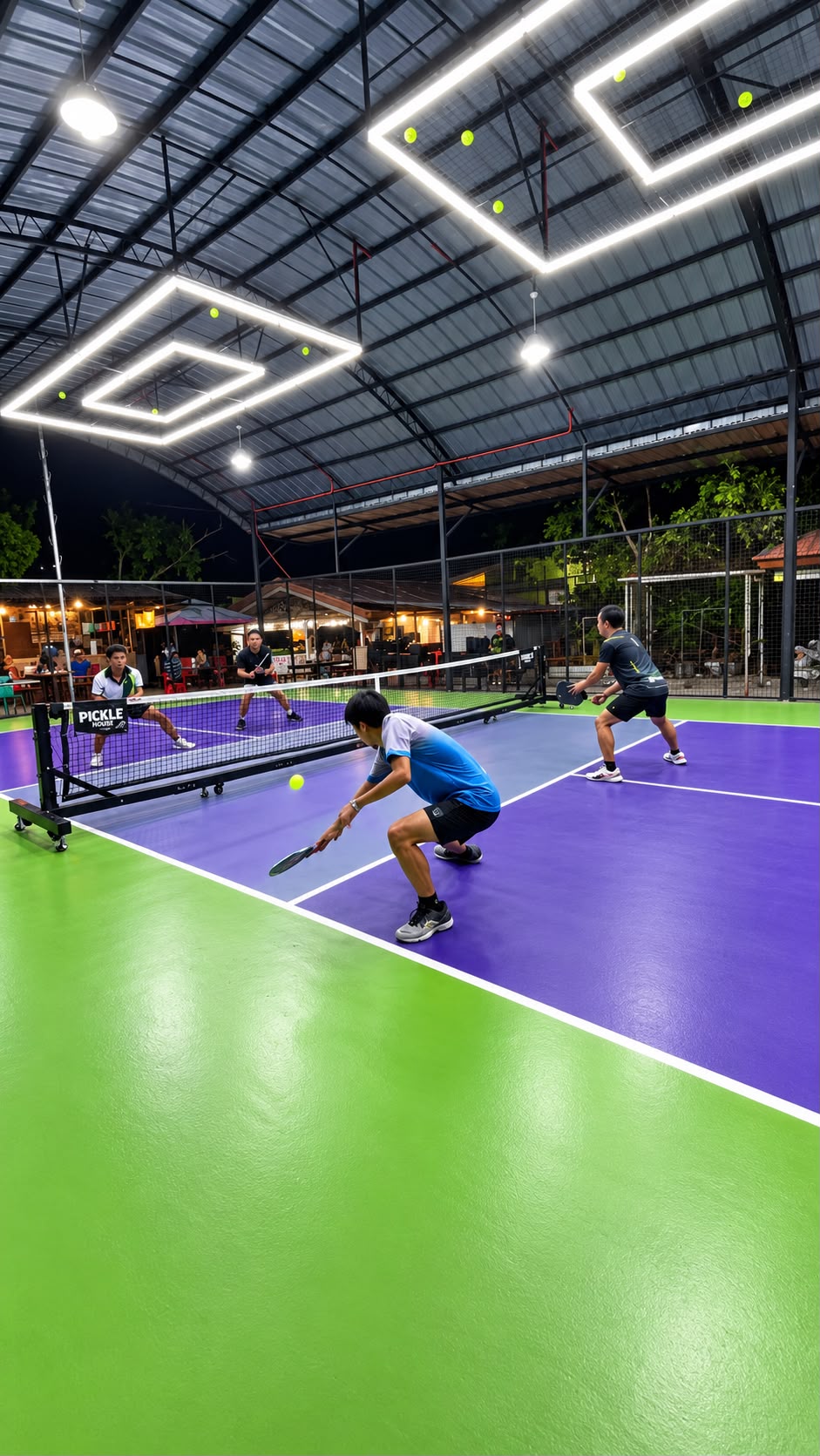 Men's doubles pickleball match at RC Rally Hub with spectators watching from courtside benches